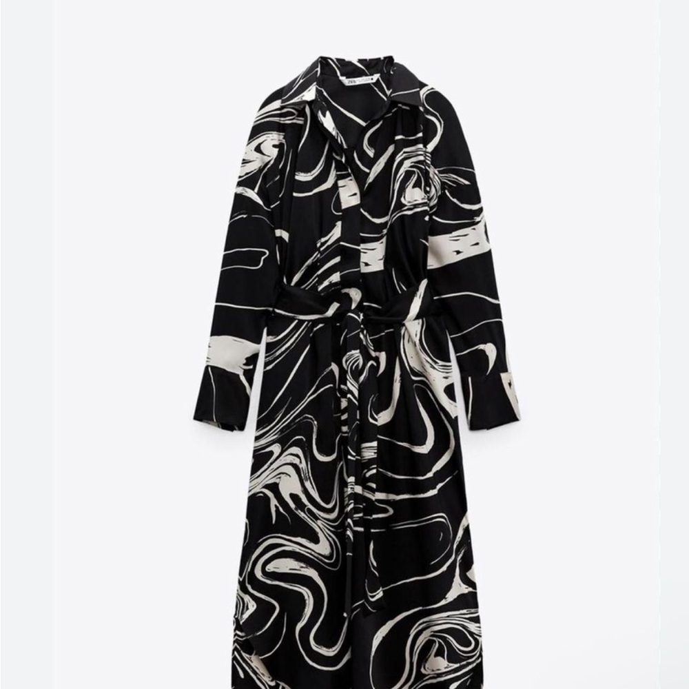 Zara Black and White Marble Pattern Long Sleeve Dress
